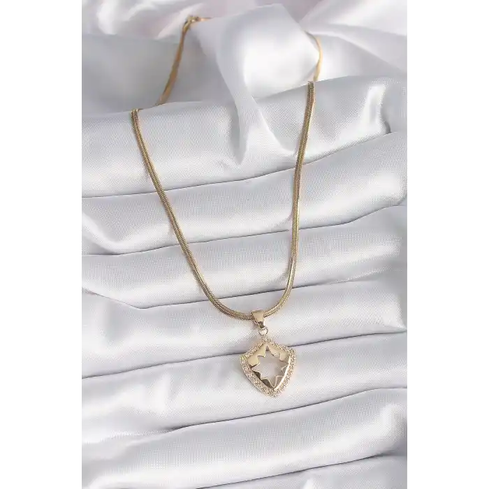 316L Çelik Gold Renk İtalyan Zincir Zirkon Taşlı Kutup Yıldız İşleme Kadın Kolye