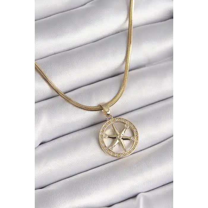 316L Çelik Gold Renk İtalyan Zincir Zirkon Taşlı Kutup Yıldız Model Kadın Kolye