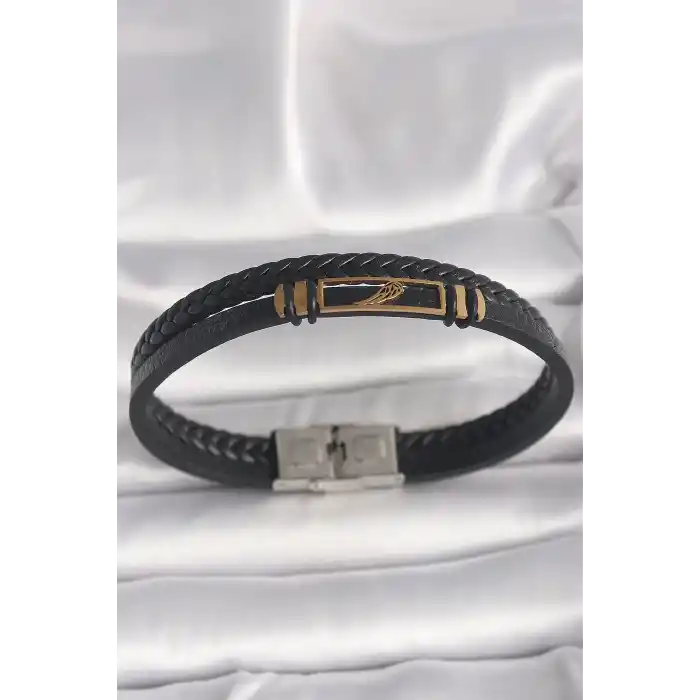 316L Çelik Gold Renk Kanat Aksesuarlı Siyah Burgu Model Deri Kordon Erkek Bileklik