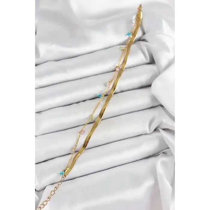 316L Çelik Gold Renk Karışık Renkli Kristal Taşlı 2li Kadın Bileklik