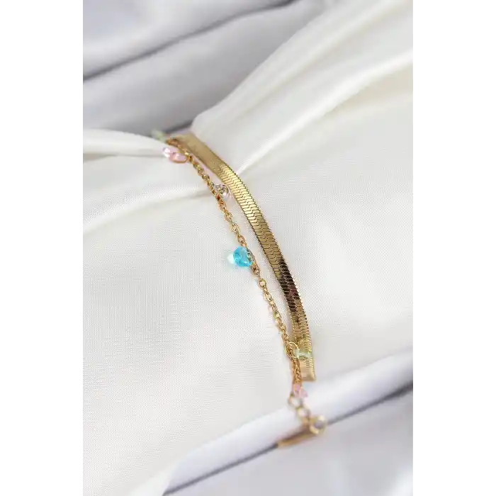 316L Çelik Gold Renk Karışık Renkli Kristal Taşlı 2li Kadın Bileklik