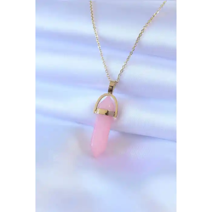 316L Çelik Gold Renk Kristal Pembe Taş Model Kadın kolye