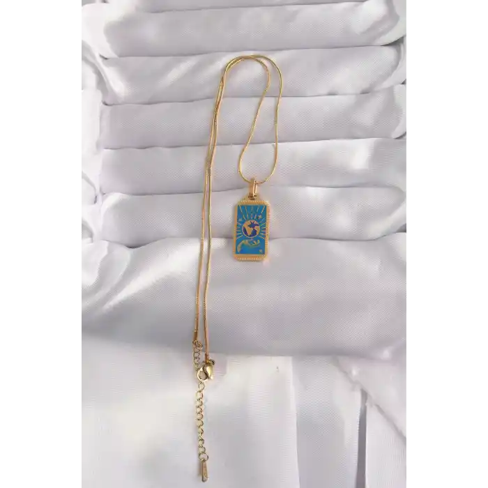 316L Çelik Gold Renk Mavi Mineli El Figür Tarot Kolye