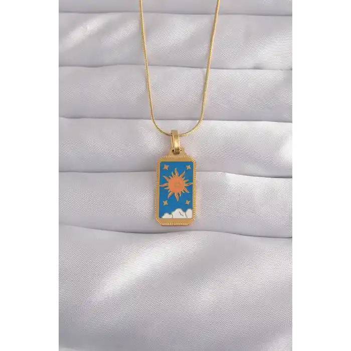 316L Çelik Gold Renk Mavi Mineli Güneş Model Tarot Kolye