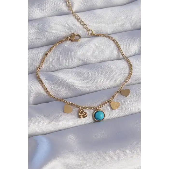 316L Çelik Gold Renk Minimal Kalpli Mavi Taş Detaylı Bileklik