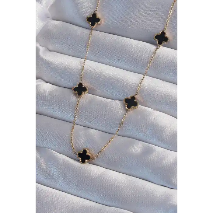 316L Çelik Gold Renk Minimal Siyah Mineli Yonca Kolye
