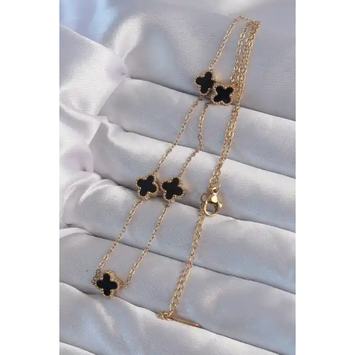 316L Çelik Gold Renk Minimal Siyah Mineli Yonca Kolye