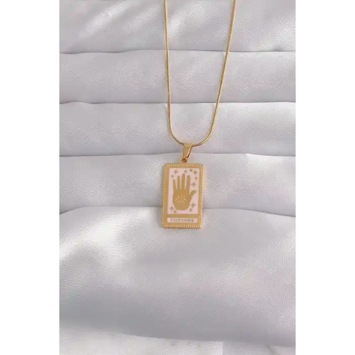 316L Çelik Gold Renk Pembe Mineli El Figür Tarot Kolye