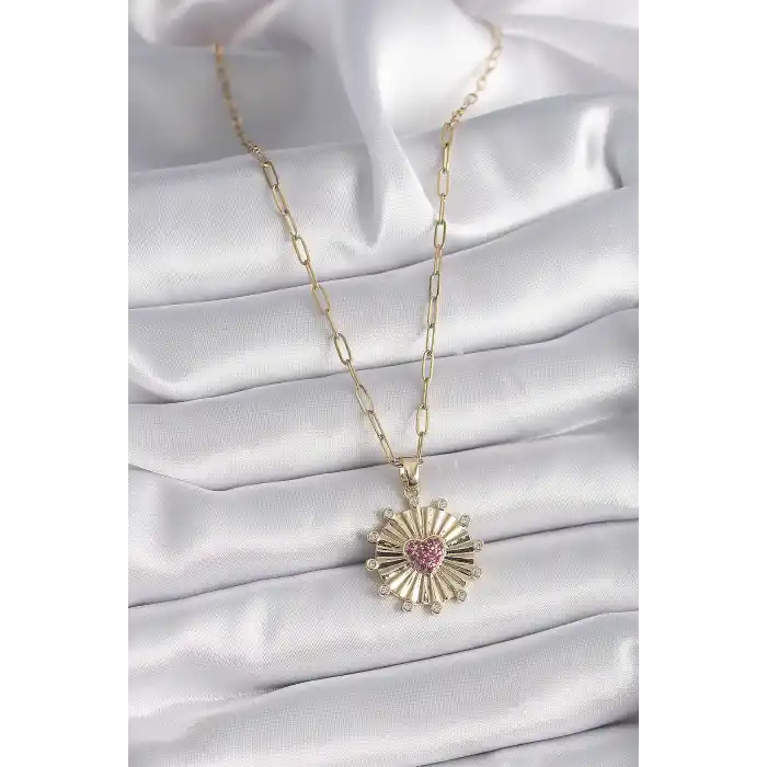 316L Çelik Gold Renk Pembe Zirkon Taşlı Kalp İşleme Madalyon Model Kadın Kolye