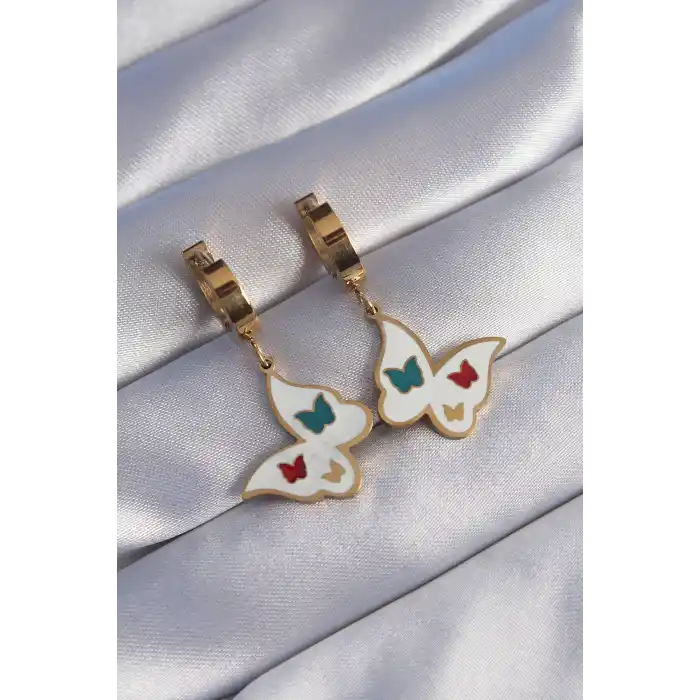 316L Çelik Gold Renk Renkli Mineli Kelebek Küpe