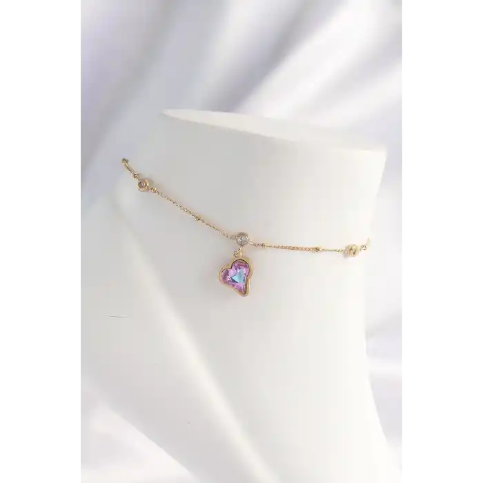 316L Çelik Gold Renk Renkli Zirkon Taşlı Kalp Halhal