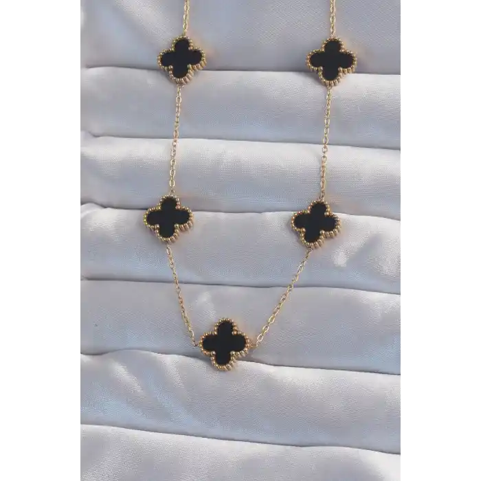316L Çelik Gold Renk Siyah Mineli Yonca Kolye