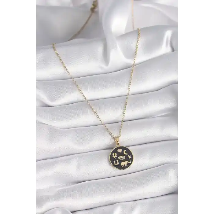 316L Çelik Gold Renk Siyah Şans Kolyesi