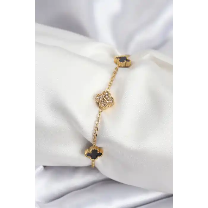 316L Çelik Gold Renk Siyah ve Zirkon Taşlı Baby Boy Yonca Kadın Bileklik