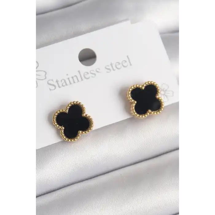 316L Çelik Gold Renk Siyah Yonca Model Kadın Küpe