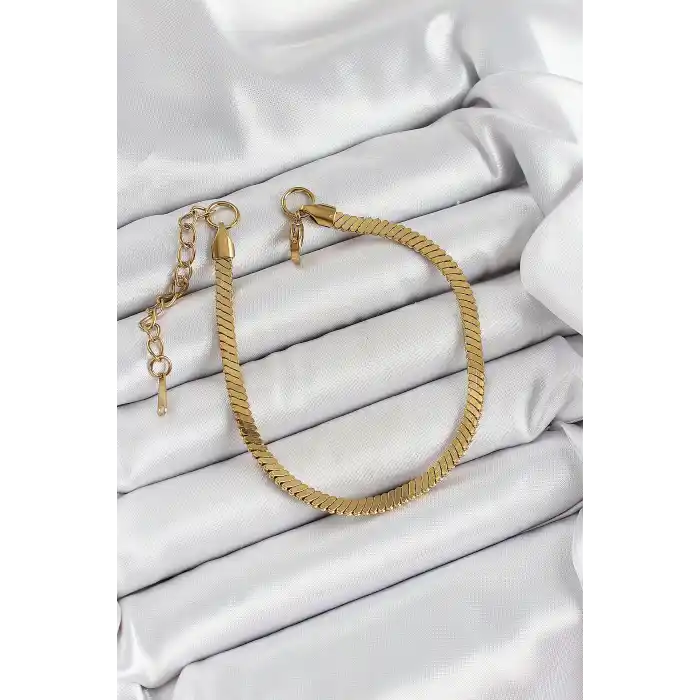 316L Çelik Gold Renk Yassı Zincir Model Kadın Bileklik
