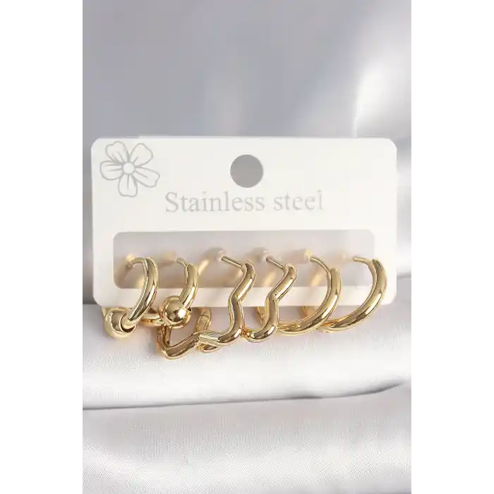316L Çelik Gold Renk Yıldız Halka Model Kadın Küpe Seti