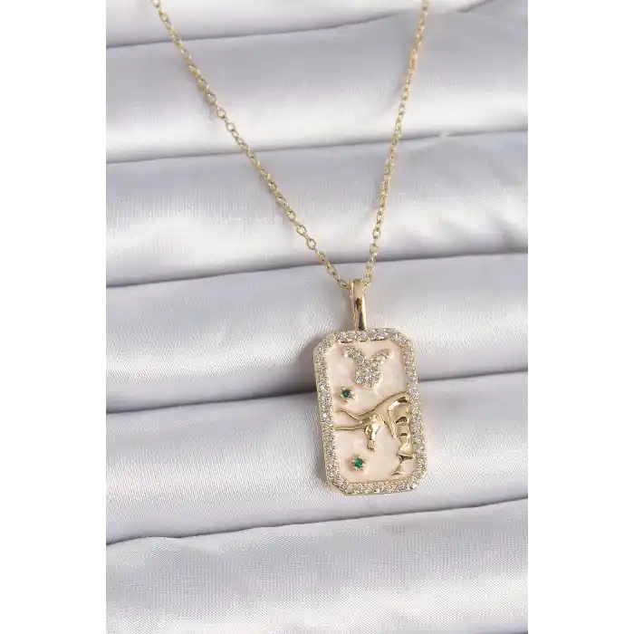 316L Çelik Gold Renk Zincir Boğa Burcu Zirkon Taşlı Kadın Kolye