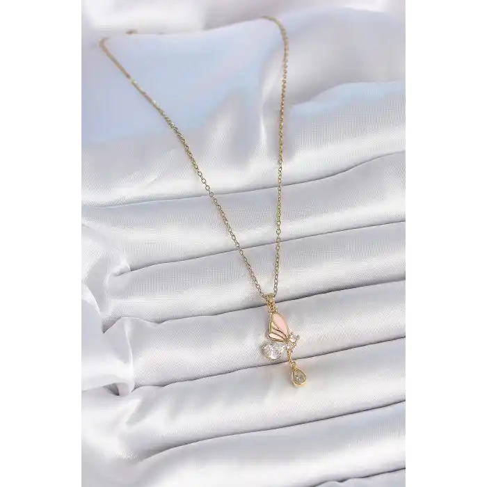 316L Çelik Gold Renk Zincir Damla Zirkon Taşlı Kelebek Model Sallantı Detay Kadın Kolye