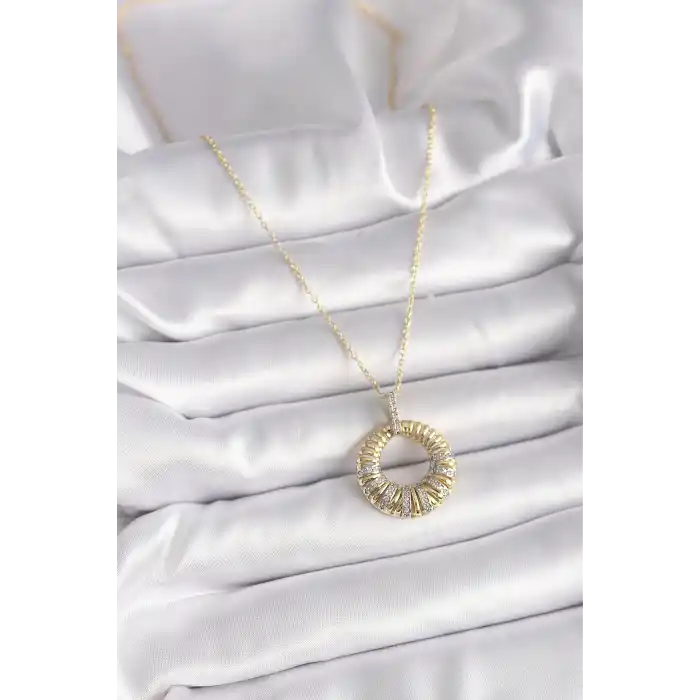 316L Çelik Gold Renk Zincir Gümüş Zirkon Taşlı Daire Model Kadın Kolye