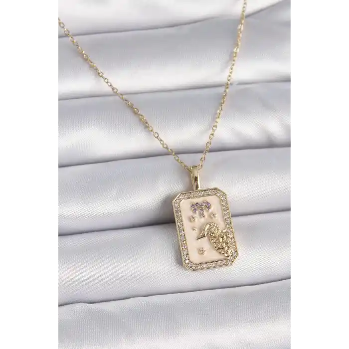 316L Çelik Gold Renk Zincir Koç Burcu Zirkon Taşlı Kadın Kolye