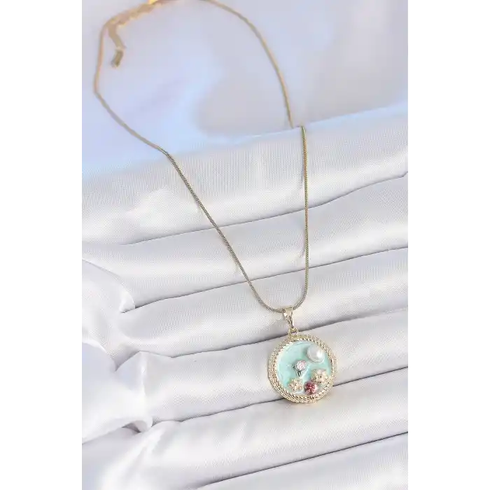 316L Çelik Gold Renk Zincir Mavi Mineli İnci Çiçek İşlemeli Zirkon Taş Detaylı Madalyon Model Kadın Kolye
