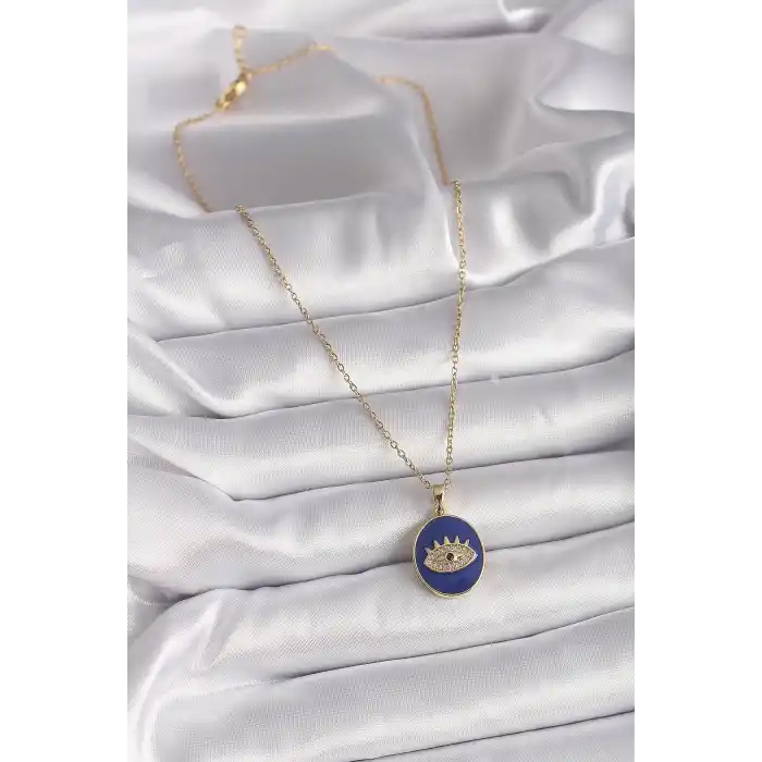 316L Çelik Gold Renk Zincir Mavi Mineli Zirkon Taşlı Göz İşleme Kadın Kolye