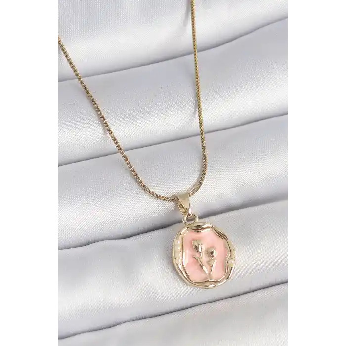 316L Çelik Gold Renk Zincir Pembe Mineli Çiçek İşlemeli Portre Model Kadın Kolye