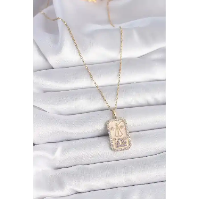 316L Çelik Gold Renk Zincir Terazi Burcu Zirkon Taşlı Kadın Kolye