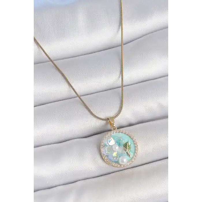316L Çelik Gold Renk Zincir Zirkon Taş Detaylı Mavi Mineli Çiçek İşlemeli İnci Detay Kadın Kolye