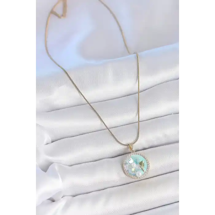 316L Çelik Gold Renk Zincir Zirkon Taş Detaylı Mavi Mineli Çiçek İşlemeli İnci Detay Kadın Kolye