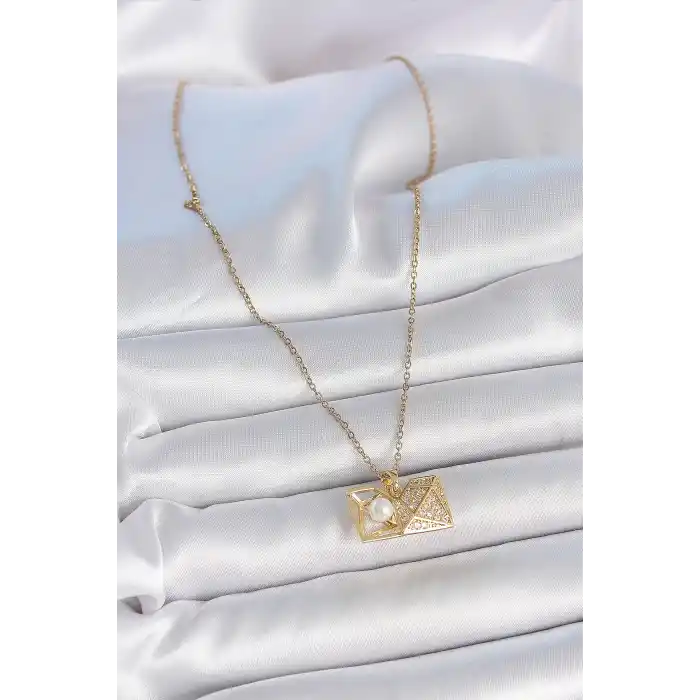 316L Çelik Gold Renk Zincir Zirkon Taşlı Açılır İncili Elmas Model Kadın Kolye