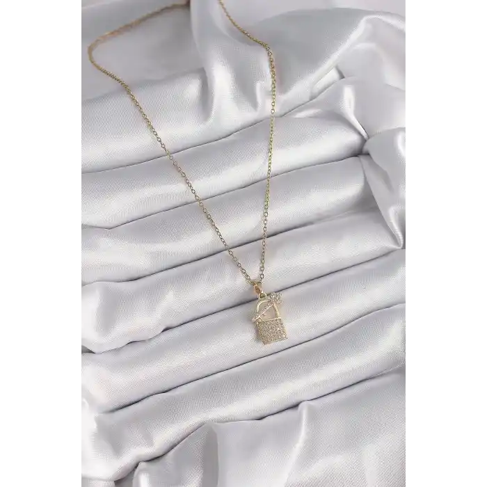 316L Çelik Gold Renk Zincir Zirkon Taşlı Asma Kilit Anahtar Model Kadın Kolye
