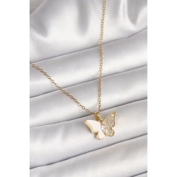 316L Çelik Gold Renk Zincir Zirkon Taşlı Beyaz Mineli Kelebek Model Kadın Kolye