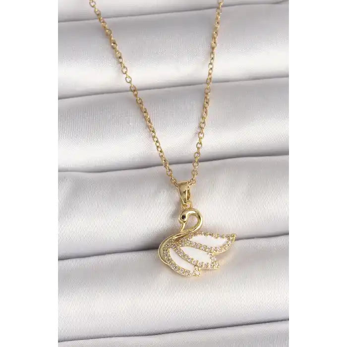 316L Çelik Gold Renk Zincir Zirkon Taşlı Kuğu Model Kadın Kolye