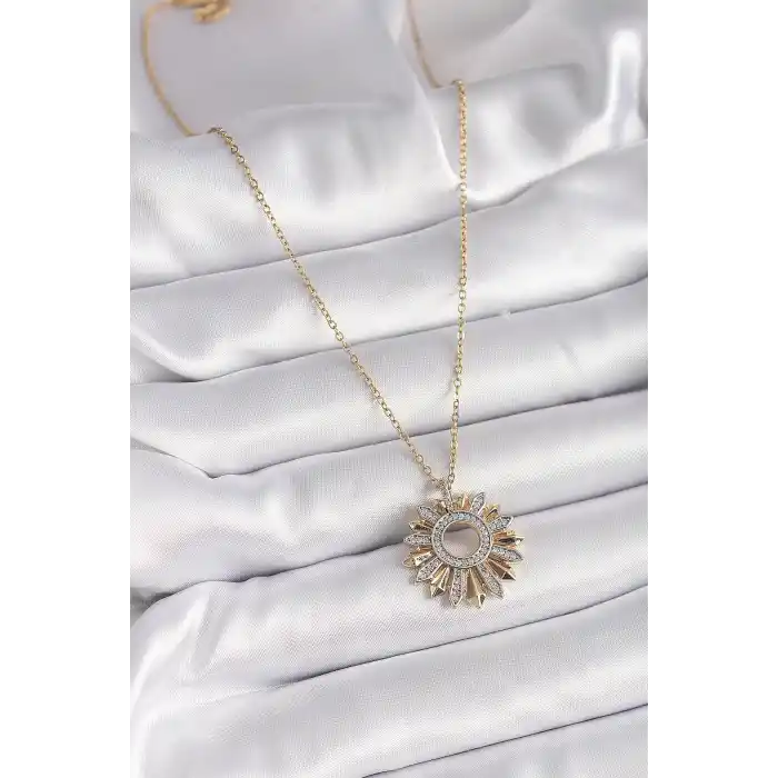 316L Çelik Gold Renk Zincir Zirkon Taşlı Mix Renk Güneş Model Kadın Kolye