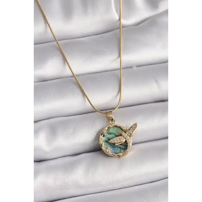 316L Çelik Gold Renk Zincir Zirkon Taşlı Yusufçuk Model Kadın Kolye