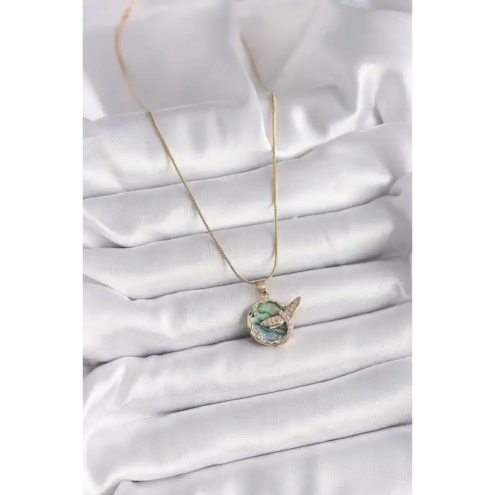 316L Çelik Gold Renk Zincir Zirkon Taşlı Yusufçuk Model Kadın Kolye