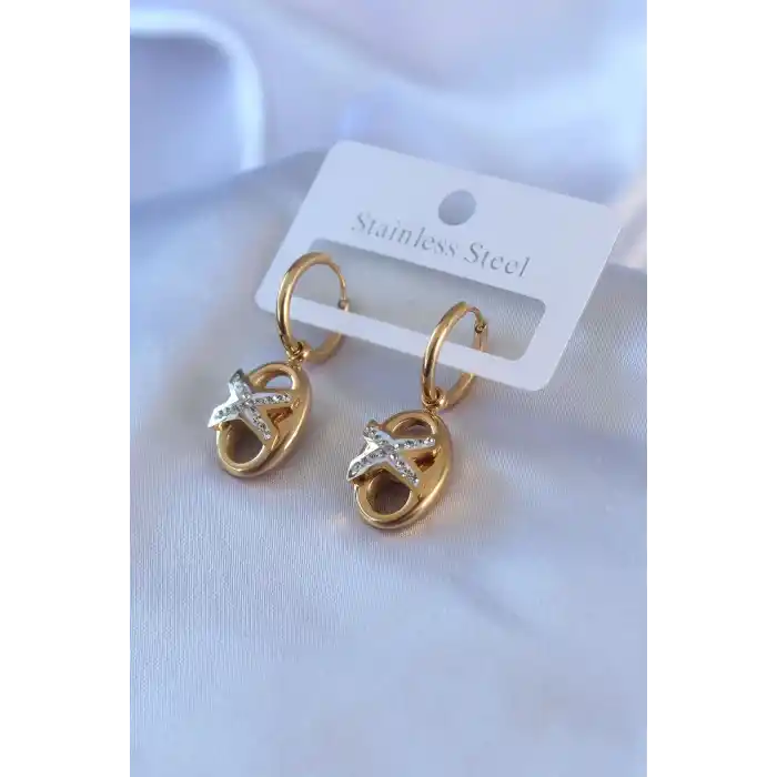 316L Çelik Gold Renk Zirkon Taş Detay Kadın Küpe