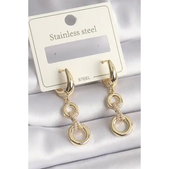 316L Çelik Gold Renk Zirkon Taş Detaylı Sallantı Model Kadın Küpe