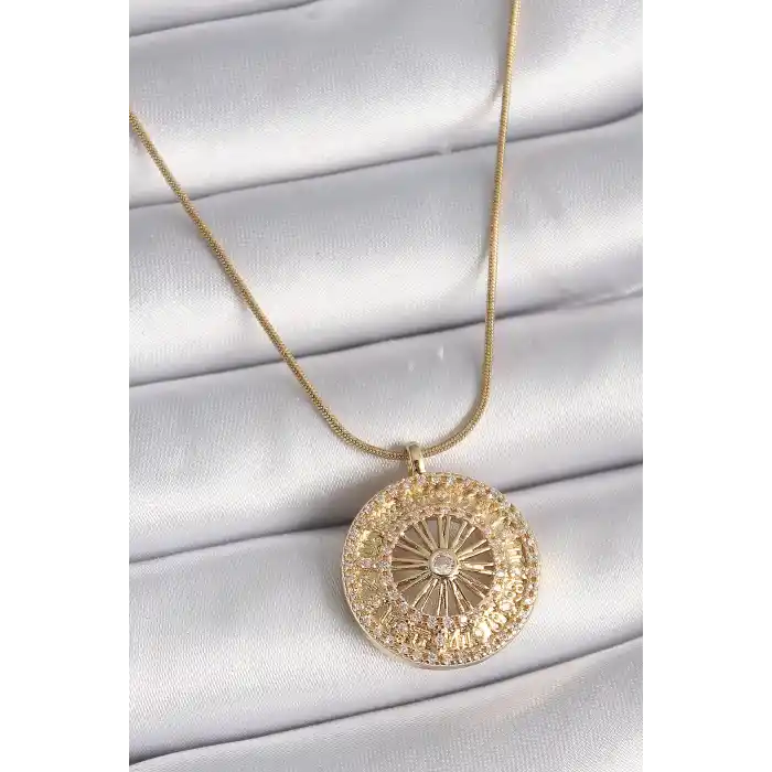 316L Çelik Gold Renk Zirkon Taşlı 12 Burç Madalyon Model Kadın Kolye