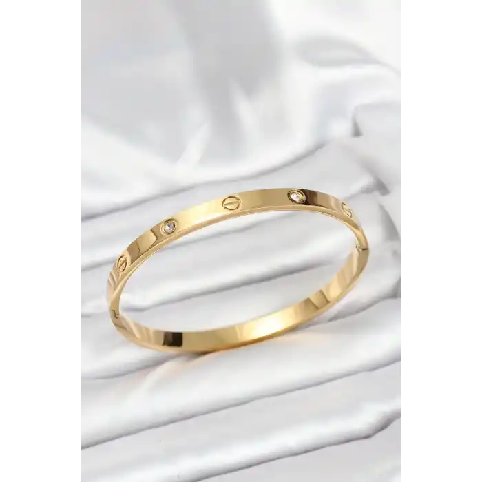 316L Çelik Gold Renk Zirkon Taşlı 65 mm Kadın Kelepçe Bileklik