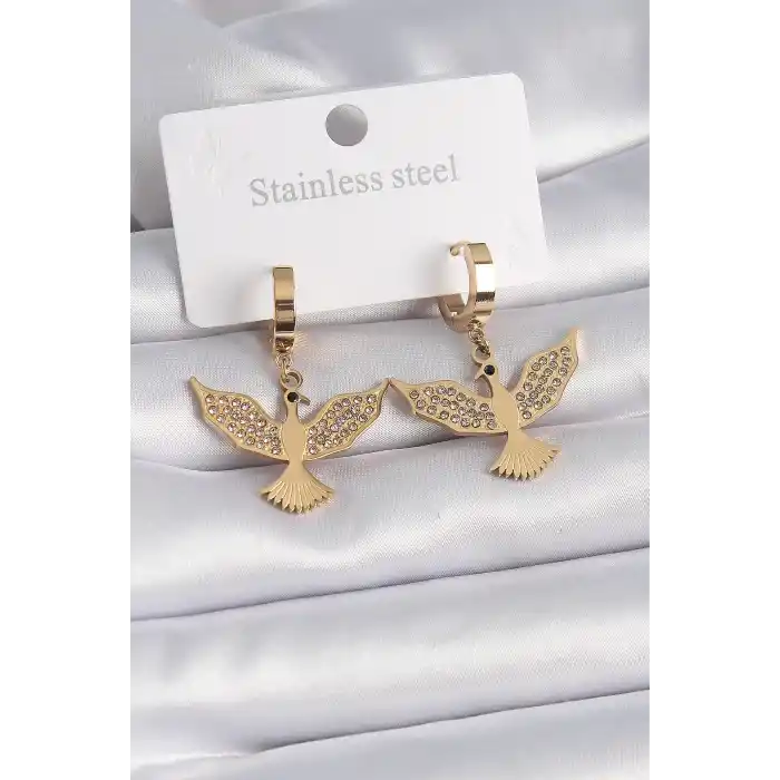 316L Çelik Gold Renk Zirkon Taşlı Anka Kuşu Model Kadın Küpe