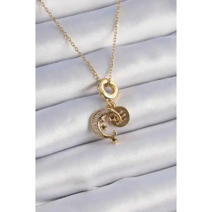 316L Çelik Gold Renk Zirkon Taşlı Ay Yıldız  Model Charm Model Kadın Kolye