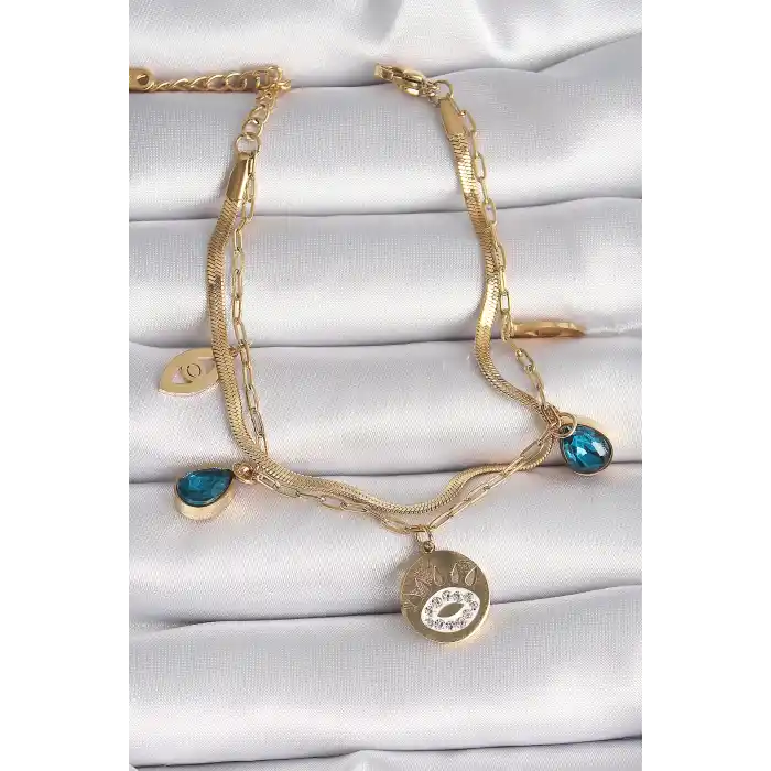 316L Çelik Gold Renk Zirkon Taşlı Göz İşleme Figür Kadın Bileklik