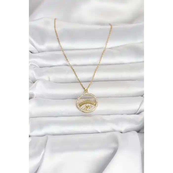 316L Çelik Gold Renk Zirkon Taşlı Göz Model Kadın Kolye