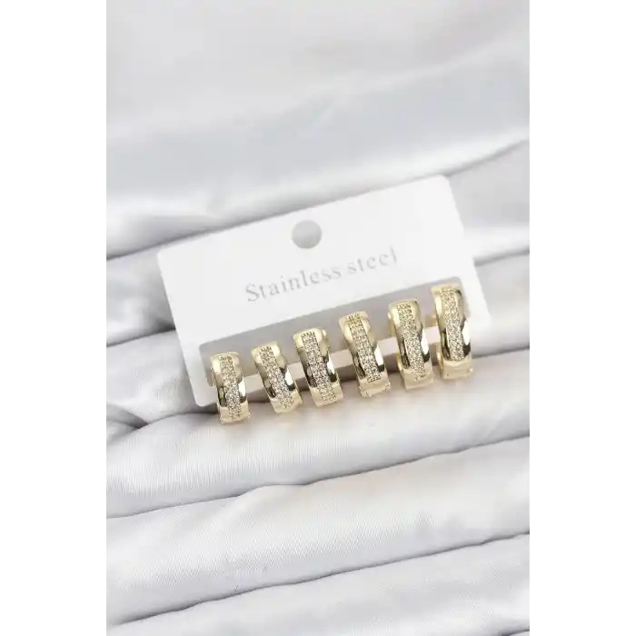 316L Çelik Gold Renk Zirkon Taşlı Halka Küpe Seti