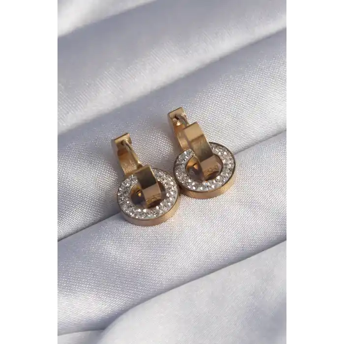 316L Çelik Gold Renk Zirkon Taşlı İç İçe Geçmeli Oval Küpe