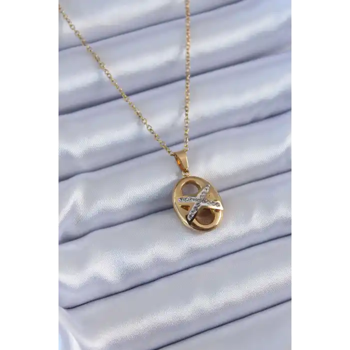 316L Çelik Gold Renk Zirkon Taşlı Kadın Kolye