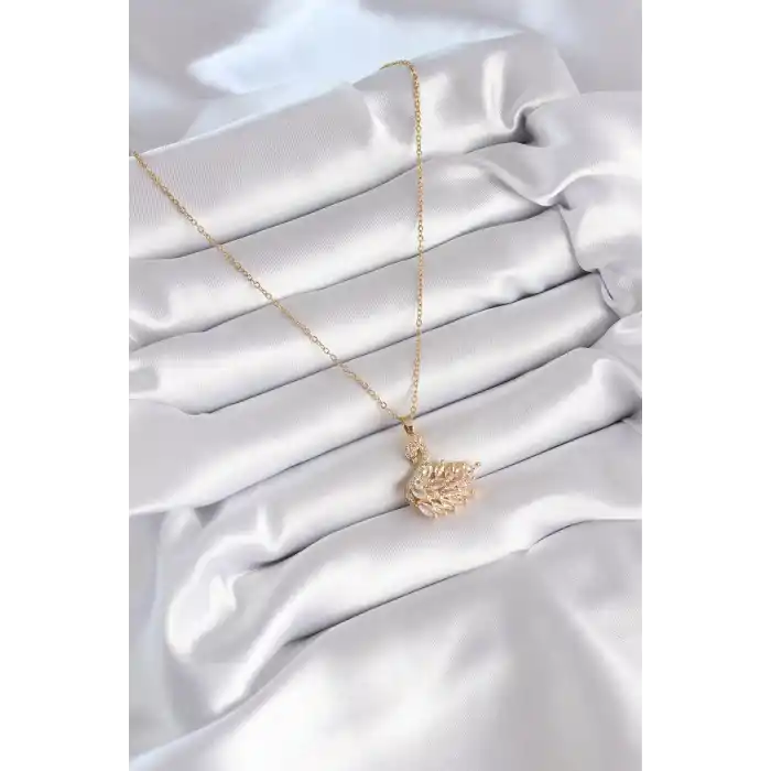 316L Çelik Gold Renk Zirkon Taşlı Kuğu Model Kadın Kolye